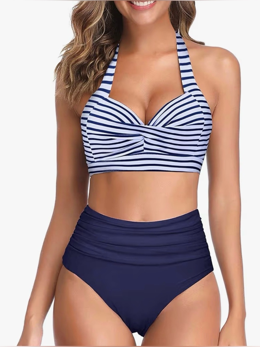 Tempt Me High Waisted, Halter Bikini - Sailor/Retro Navy and White Stripe